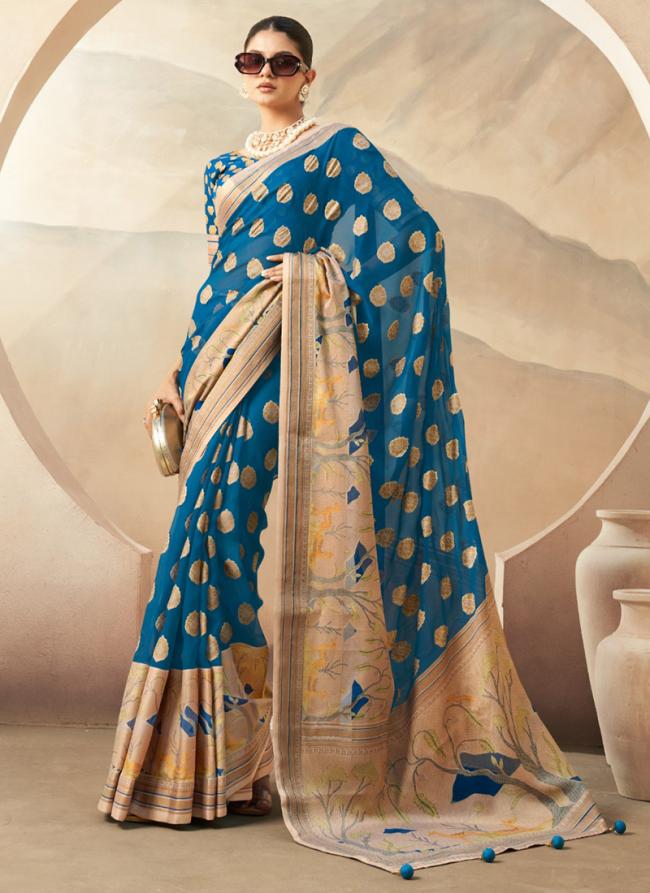 Georgette Aqua Blue Ceremonial Wear Weaving  Saree